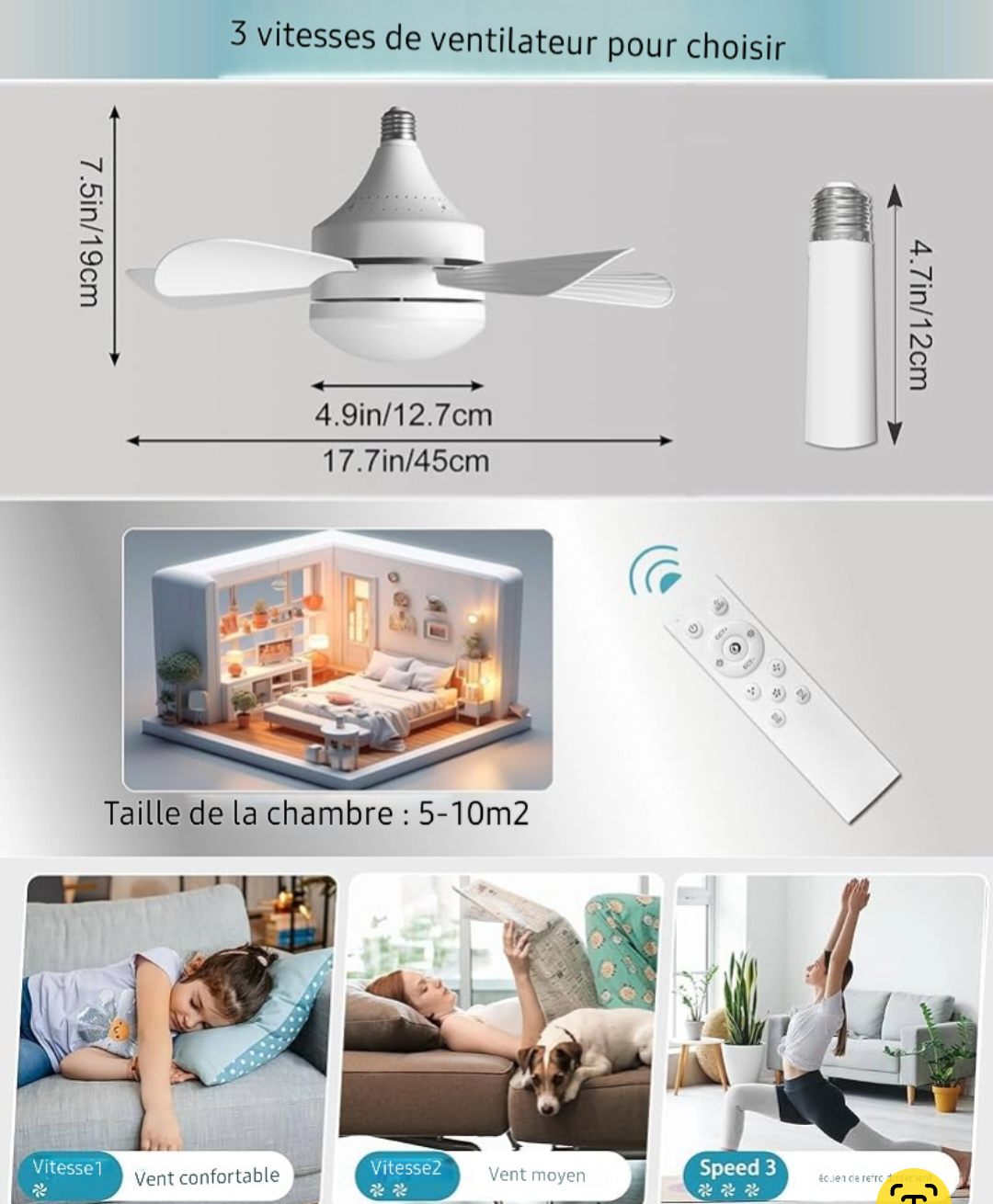 Ventilateur de plafond avec lumière intégrée télécommandée
